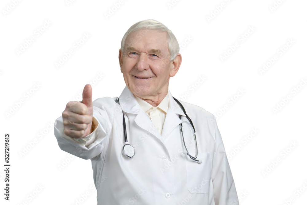 Portrait of doctor with thumb up sign. Physician with approval like gesture, cutout, white isolated background. Portrait of doctor with thumb up sign. Physician with approval like gesture, cutout, white isolated background.