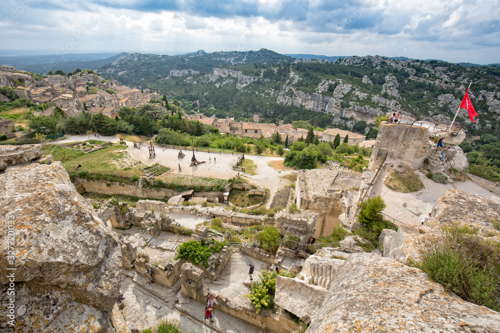 On the top of castle at Baux-de-Provence. Set upon a rocky outcrop, the Castle of Les Baux and offers incredible panoramic views, Les Baux-de-Provence, Bouches-du-Rhône, Provence, France