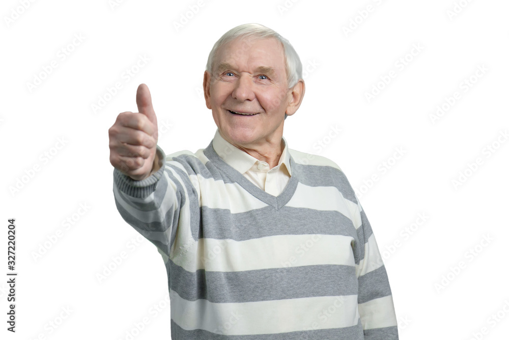 Grandfather with thumb up. Old man shows like sign gesture in white isolated background. Grandfather with thumb up. Old man shows like sign gesture in white isolated background.