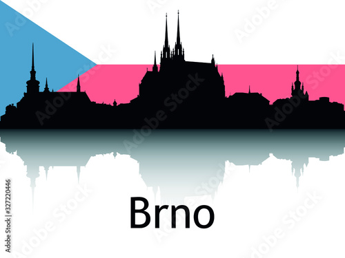 Black Silhouette of Cityscape Panorama Reflection With Background National Flag of Brno, Czechia