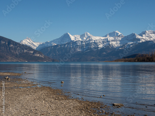 Panorama view to the alps with Eiger, Mönch and Jungfrau on the Lake Thun