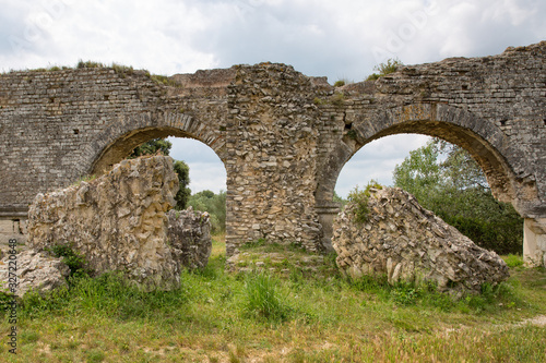 The Historical Monument Aqueduct Romain de Barbegal. The Barbegal aqueduct and mills constitute a Roman complex of hydraulic milling located in Fontvieille, near the town of Arles, Provence, France