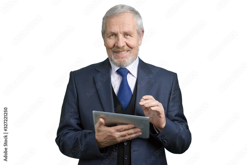 Portrait of mature smiling man with tablet. Cherful man, white isolated background. Portrait of mature smiling man with tablet. Cherful man, white isolated background.