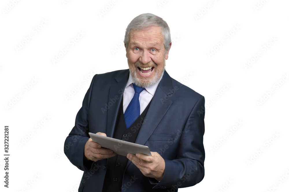 Portrait of happy businessman with tablet. Cheerful laughing man in business suit. White isolated background. Portrait of happy businessman with tablet. Cheerful laughing man in business suit. White isolated background.