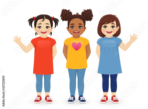 Multiethnic girls friends. Three different female kid faces. Asian, african and caucasian standing isolated vector illustration
