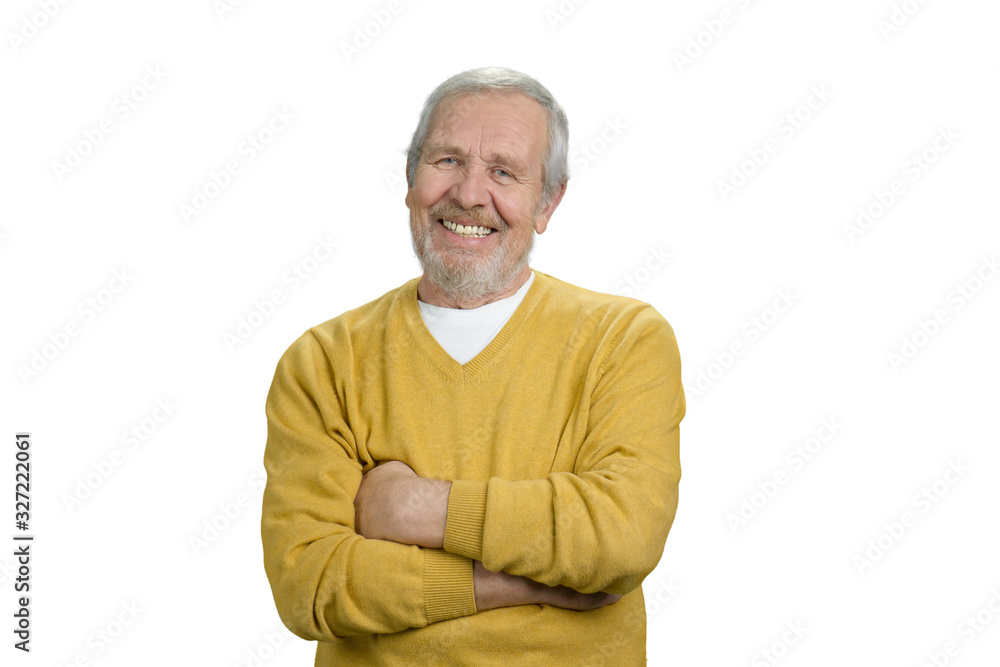Portrait of smiling old senior man. Folded arms. White isolated background for keying. Portrait of smiling old senior man. Folded arms. White isolated background for keying.
