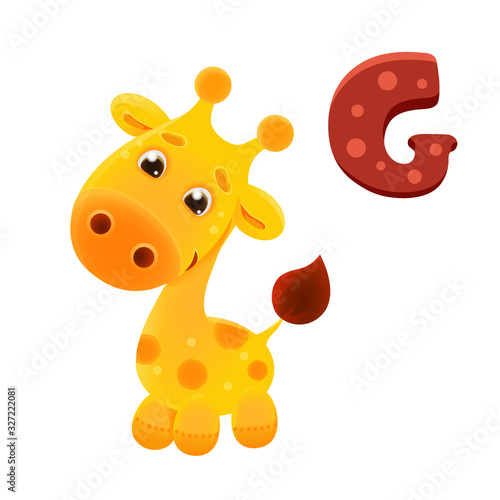 illustration of a cartoon sweet yellow giraffe. mascot funny vector yellow smiling giraffe cub, yellow with spots, cute kid icon with big eyes, funny african animal, emoticon for children learn, print