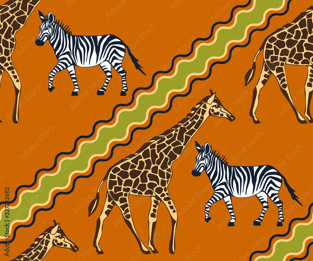 Fototapeta premium Vector background hand drawn exotic wild animals. Hand drawn ink illustration. Modern ornamental decorative background. Vector pattern. Print for textile, cloth, wallpaper, scrapbooking
