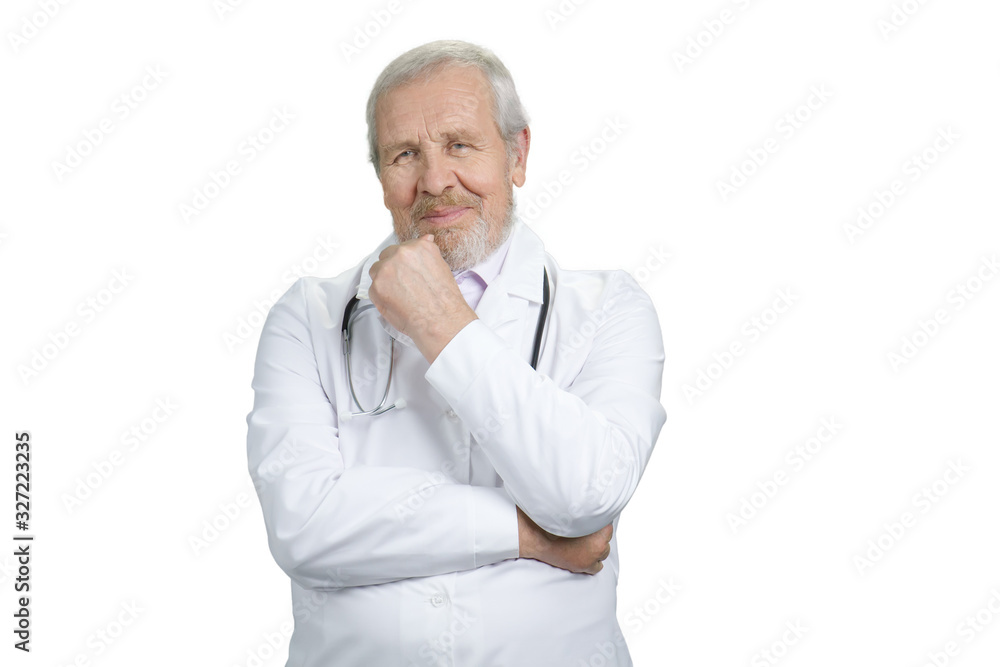 Old pensive doctor portrait. Physician in white uniform. Cutout, isolated background. Old pensive doctor portrait. Physician in white uniform. Cutout, isolated background.