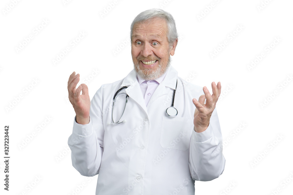 Wondering old doctor portrairt. Extremely shocked senior physician can't believe what he seeing. White isolated background. Wondering old doctor portrairt. Extremely shocked senior physician can't believe what he seeing. White isolated background.