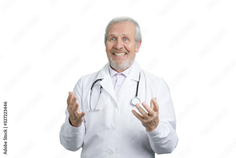 Happy kind old doctor gesturing with hands. White isolated background. Happy kind old doctor gesturing with hands. White isolated background.