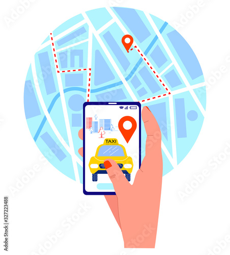 Vector flat abstract illustration with hand holding mobile phone, it shows online taxi call, behind it is schematic map where there is delivery label. Concept ordering taxi from different devices.