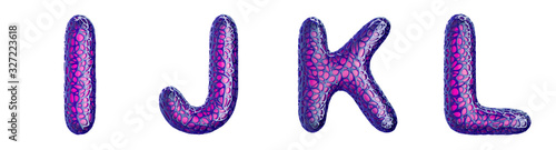 Realistic 3D letters set I  J  K  L made of purple plastic.
