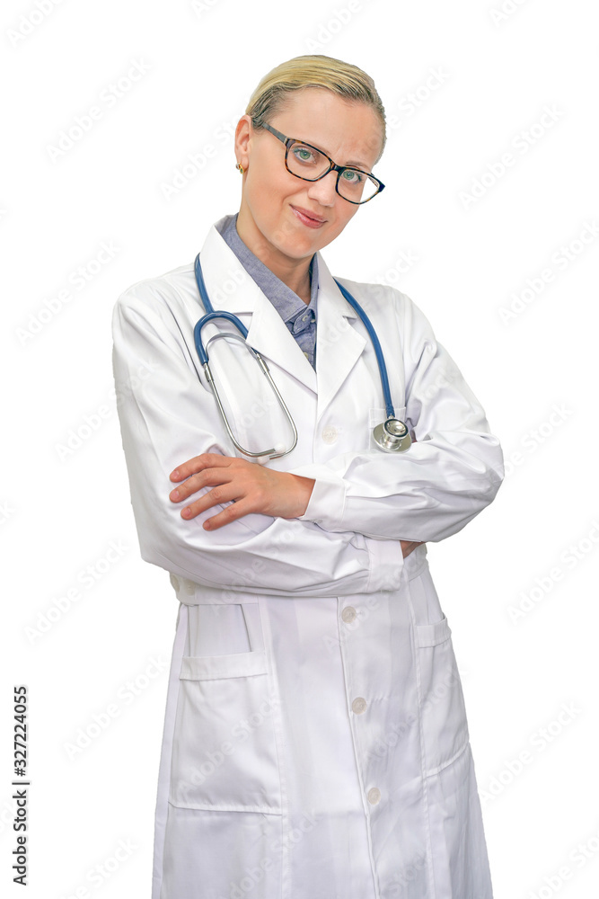 Woman Doctor in glasses and stethoscope isolated on a white background. Image of a smil trainee doctor looking at the camera. Woman Doctor in glasses and stethoscope isolated on a white background. Image of a smil trainee doctor looking at the camera.