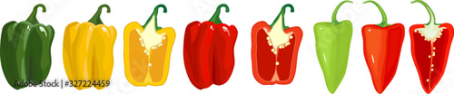 Set of different ripe sweet peppers whole and in cut isolated on white background