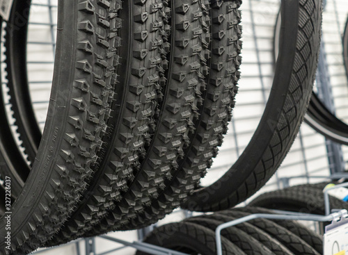 New bicycle tires close up in the sports store