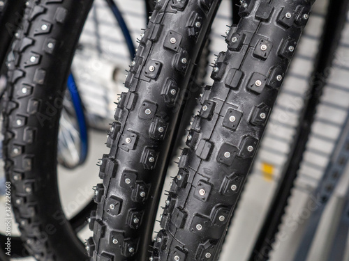 New bicycle tires close up in the sports store