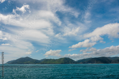 sea and blue sky at cook strait between north and south island of new zealand