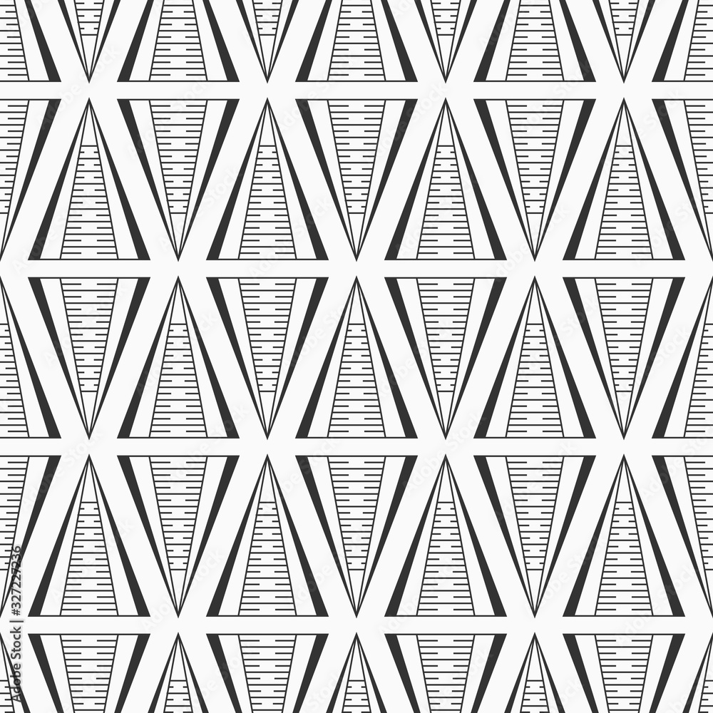 Abstract seamless pattern. Decorative geometric ornament of striped triangles. Modern stylish texture. Vector monochrome background. Abstract seamless pattern. Decorative geometric ornament of striped triangles. Modern stylish texture. Vector monochrome background.