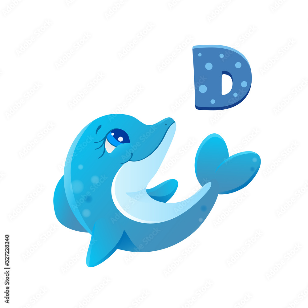 blue cheerful cartoon dolphin vector icon, underwater world of sea ocean isolated on white background, t-shirt printing template eps 10, big eyes illustration letter D blue cheerful cartoon dolphin vector icon, underwater world of sea ocean isolated on white background, t-shirt printing template eps 10, big eyes illustration letter D