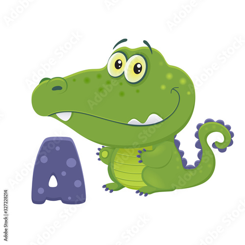 vector green cartoon cute crocodile caiman alligator, isolated on white background print for fabric and t-shirts, mascot, crocodile day, funny alphabet for children, schooling, african animal eps 10 