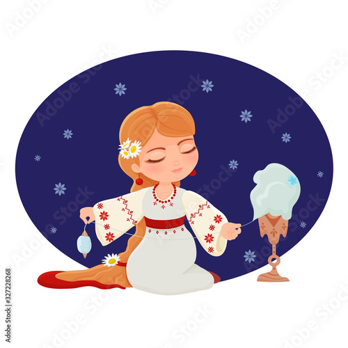 vector illustration of  beautiful Slavic girl with long braid in national costume with daisies spins yarn on spinning wheel with spindle, an embroidered shirt and sundress, red coral beads earrings