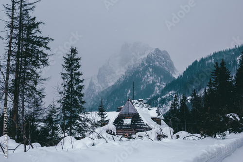 Traditional wooden houses in the background of the winter mountains in the ski resort of Zakopane, Koscielisko, Poland