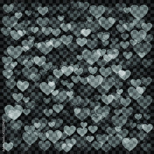 abstract background of small white translucent hearts scattered on a transparent background