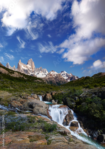 Sunny Day at hidden Waterfall with Mount Fitz Roy near El Chalten