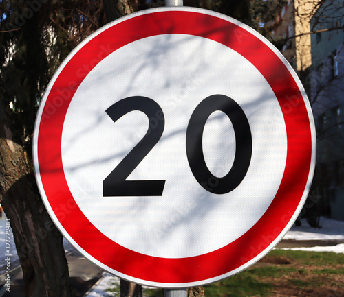 Round sign speed of 20 kilometers per hour. Sign with the number 20