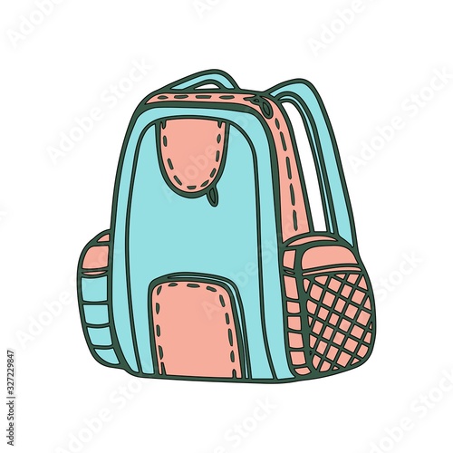 Travel backpack in cartoon style isolated on white background. Sign icon. Vector simple illustration.