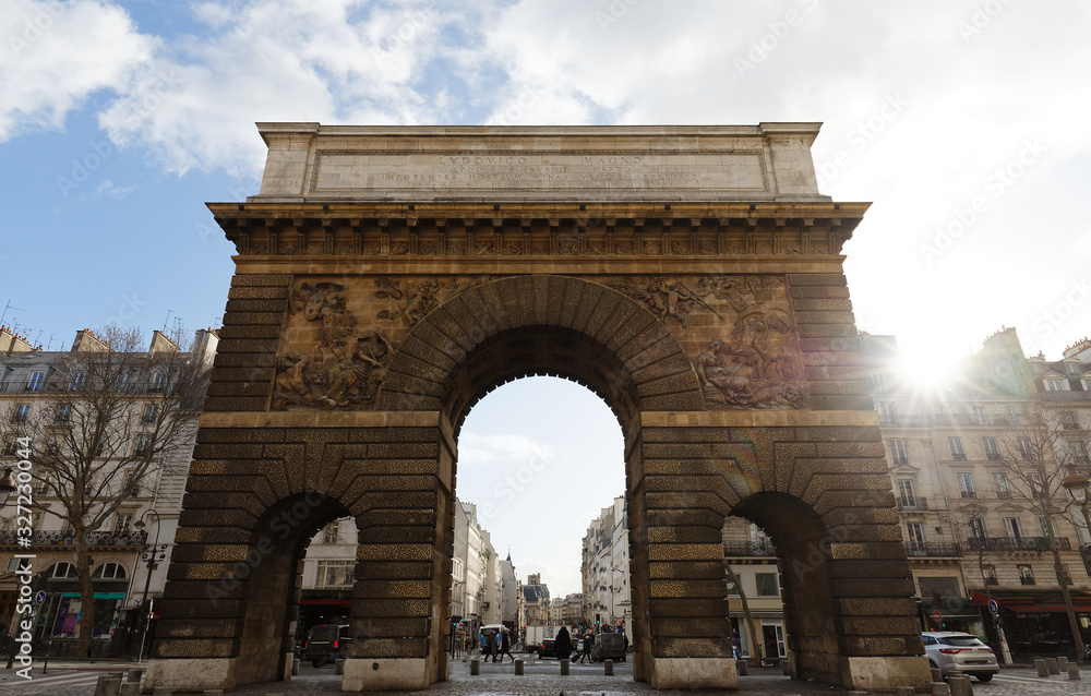 Paris, the porte Saint-Martin, beautiful ancient gate near the Grands Boulevards.