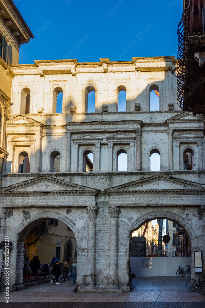 Porta Borsari, a monument of ancient Roman architecture in the city of Verona, Italy