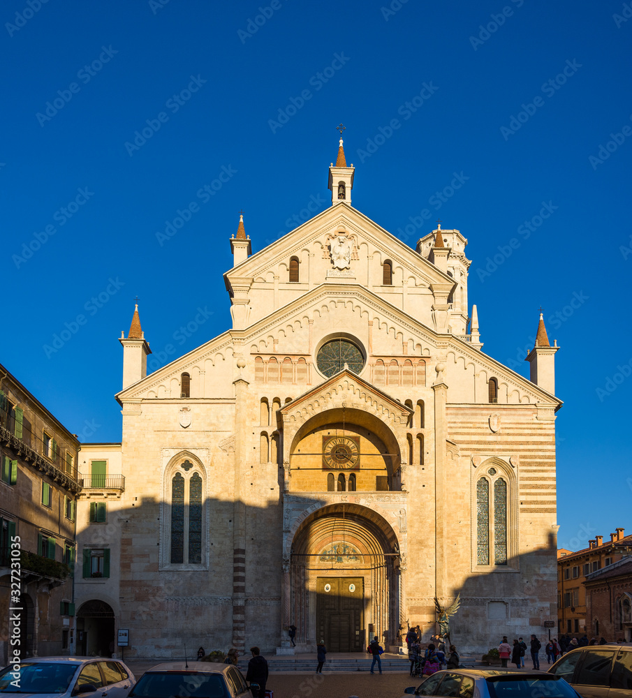View of the Cathedral of Santa Maria Matricolare (also called Duomo) in Verona at sunset