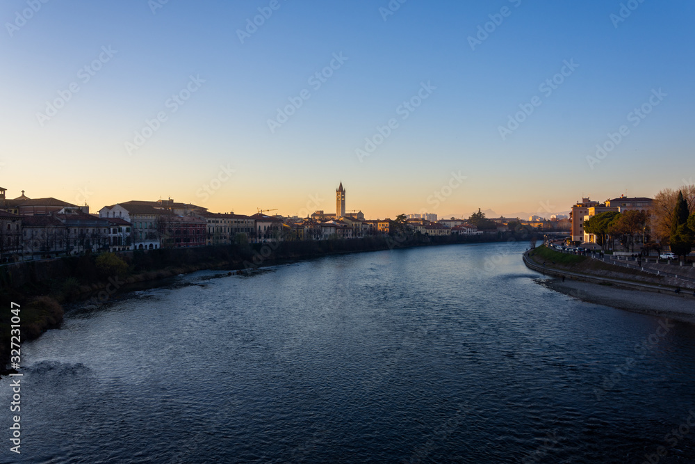 View of Verona and the Adige river from the Castelvecchio bridge, also known as the Scaliger bridge