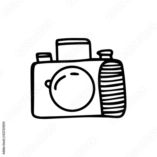 Reflex camera in doodle style isolated on white background. Sign icon. Vector outline illustration