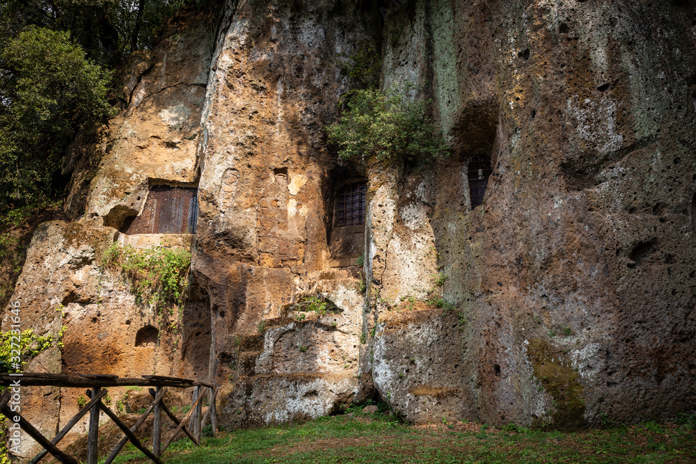 Outside of the Mitreo (Madonna del Parto church) dug out of tuff rock in Sutri, province of Viterbo, Lazio, Italy