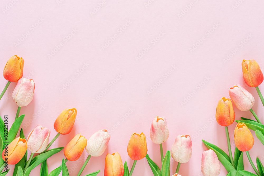 Fototapeta Spring floral background, greeting card, top view