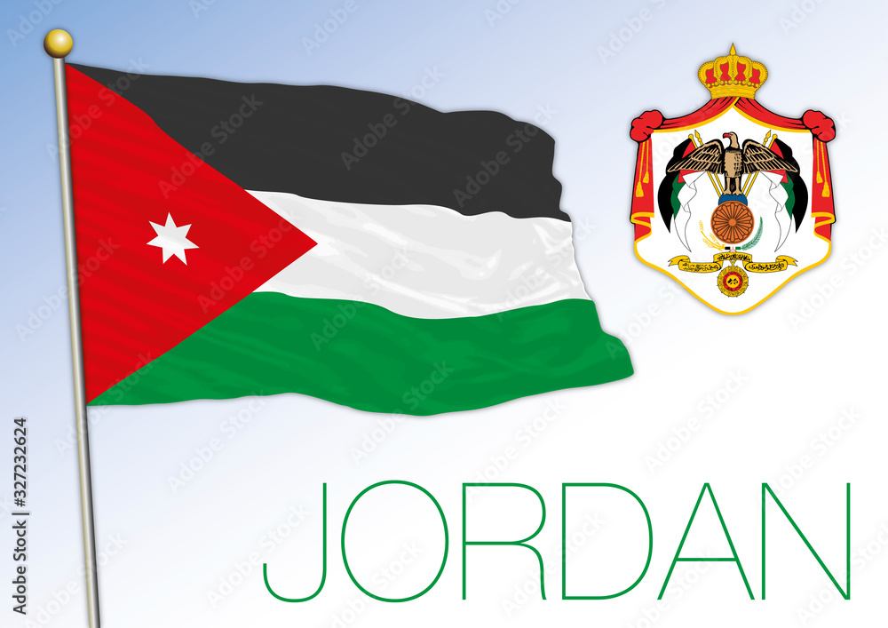 Kingdom of Jordan official national flag and coat of arms, middle east