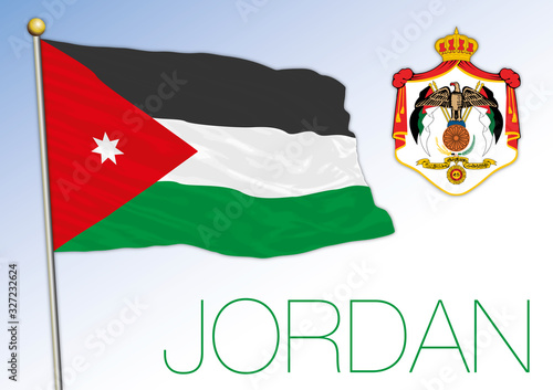 Kingdom of Jordan official national flag and coat of arms, middle east country, vector illustration