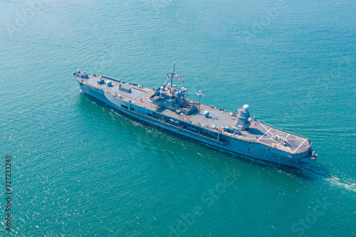 Sticker Navy aircraft carrier on the open sea Aerial view of battleship, Military sea tr