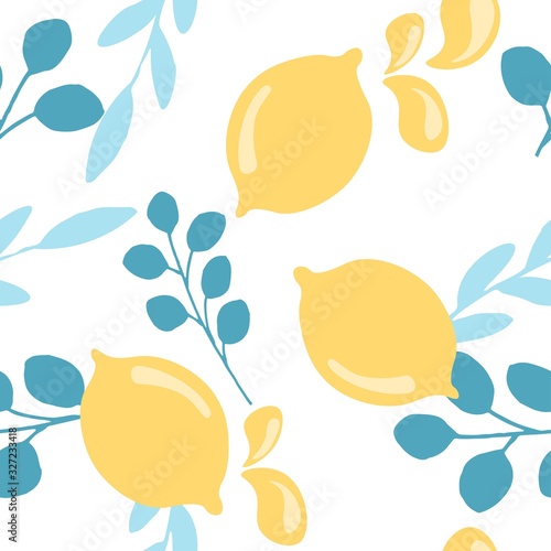 Seamless vector pattern of juicy yellow lemons and leaves on a white background.