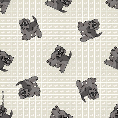 Hand drawn cute schnauzer puppy breed dog seamless vector pattern. Purebred pedigree puppy domestic dog on paw background. Dog lover terrier pet all over print. Kennel pooch. EPS 10.  photo