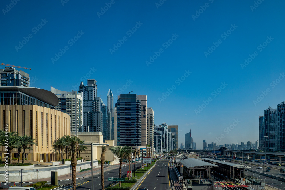 blue, sky, Sunny, day, space, distance, panorama, city, street, palm trees, houses, high-rises, skyscrapers, buildings, structures, concrete, glass, reflections, road, metro, style, architecture, walk