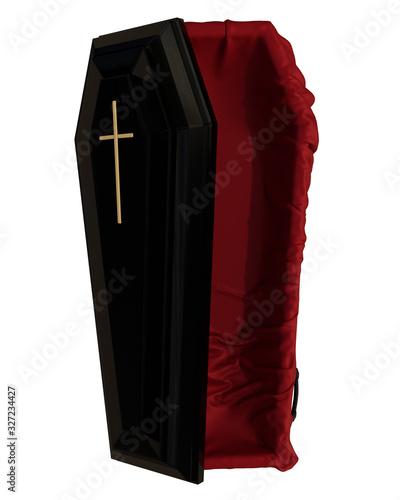 Canvastavla A 3D hyperealistic rendered black coffin with a red interior cover half-opened isolated on white background