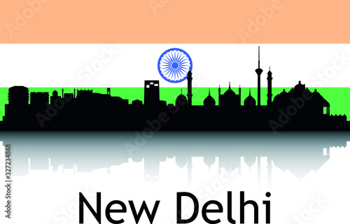 Black Silhouette of Cityscape Panorama Reflection With Background National Flag of New Delhi, India