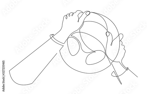 Driver holds steering wheel and turns right. Behind the wheel. Continuous line vector illustration. One line circuit.