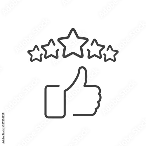 Сustomer satisfaction icon. 5 stars reputation line icon with thumb up. Quality review with feedback template. Customer reputation concept vector illustration isolated on white background. EPS10