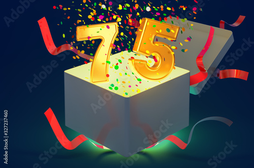 Number 75 inside gift box with confetti and shiny light, 3D rendering photo