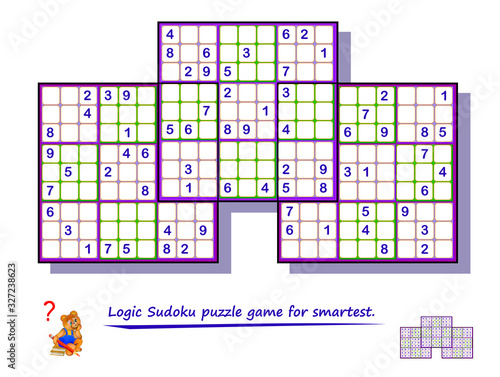 Logic Sudoku game for children and adults. Big size puzzle with 3 squares, difficult level. Printable page for kids brain teaser book. Developing counting skills. IQ training test. Vector image.